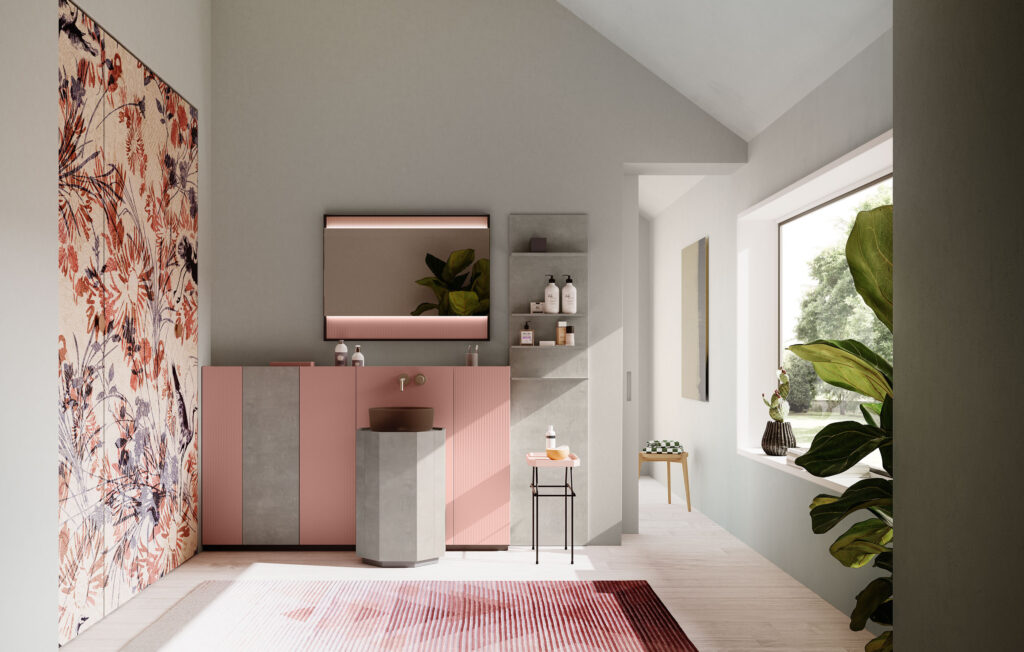 Bagno rosa e grigio con carta da parati floreale