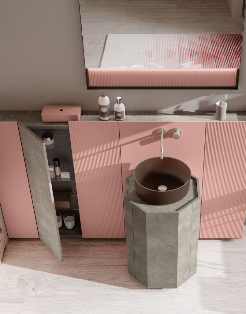 Lavabo ottagonale su mobile bagno rosa e grigio