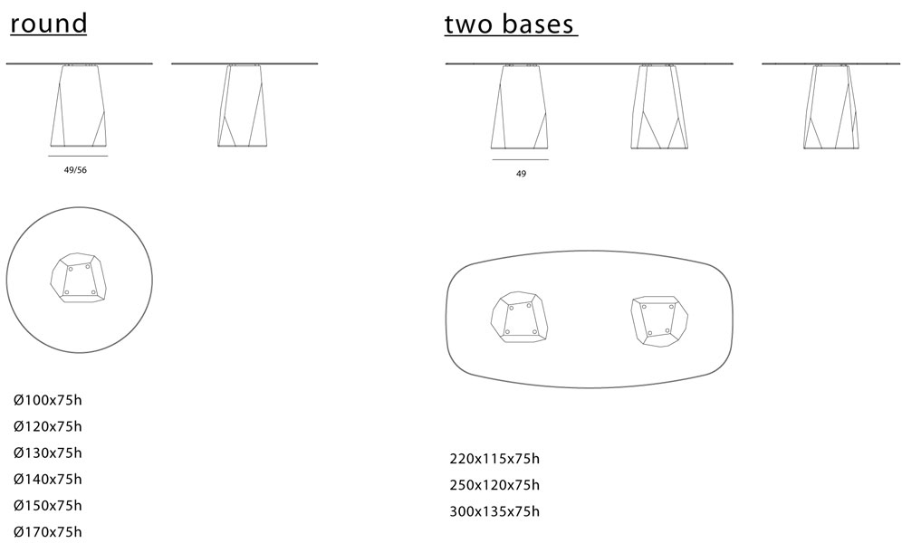 Schema tecnico delle dimensioni del tavolo Deod con base singola o doppia