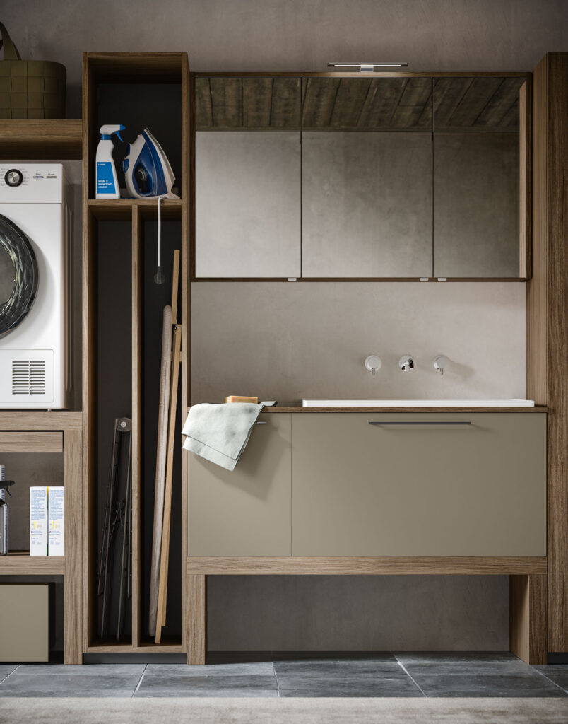 Lavatoio con specchio contenitore e vano porta ferro da stiro