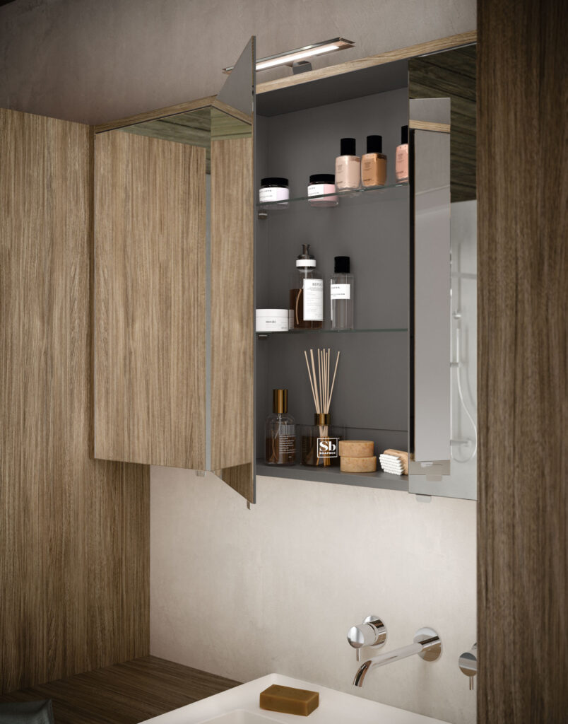 Interno dello specchio contenitore con cosmetici e profumatori