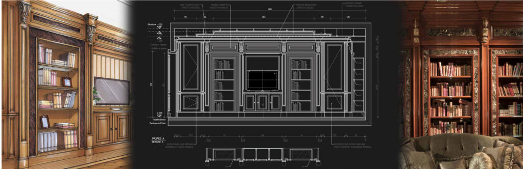Progetto tecnico di boiserie classica con libreria