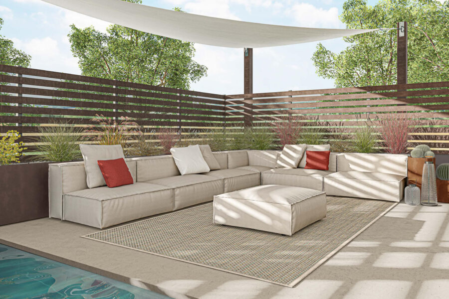 Zona living all’aperto con salotto angolare beige – collezione outdoor Made in Italy
