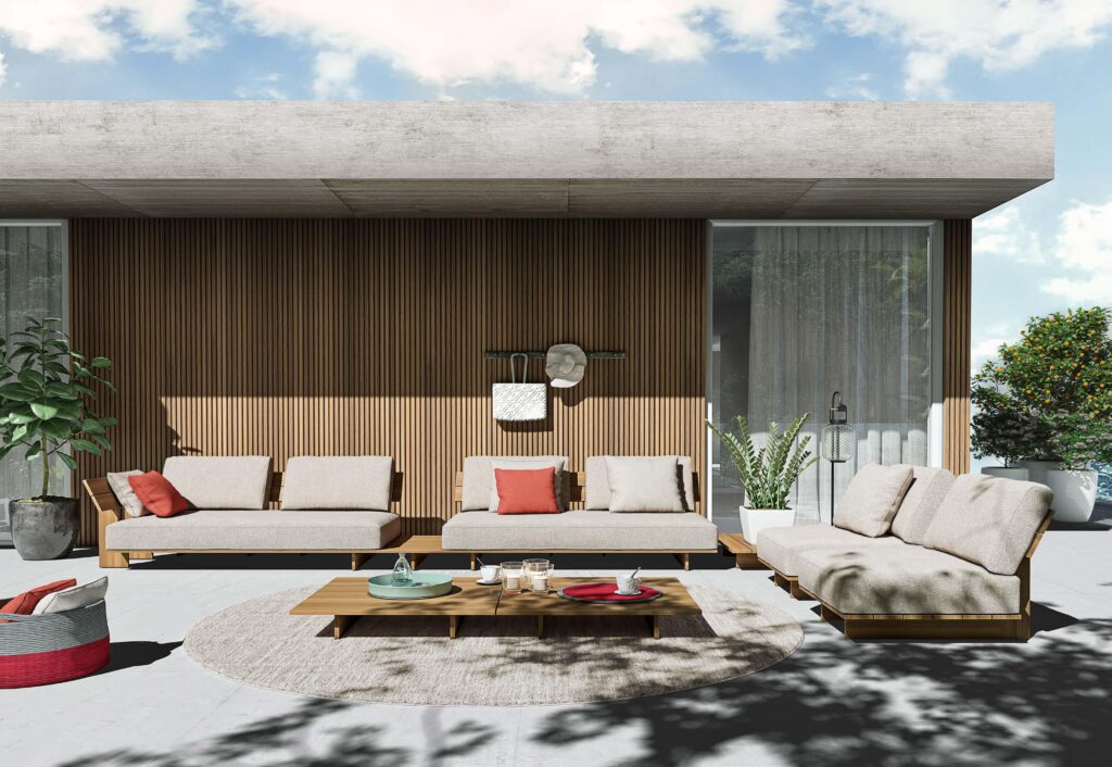 Salotto outdoor modulare in legno naturale con cuscini chiari in un patio moderno