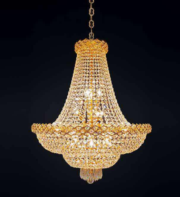 Lampadario in cristallo a cascata con finiture dorate