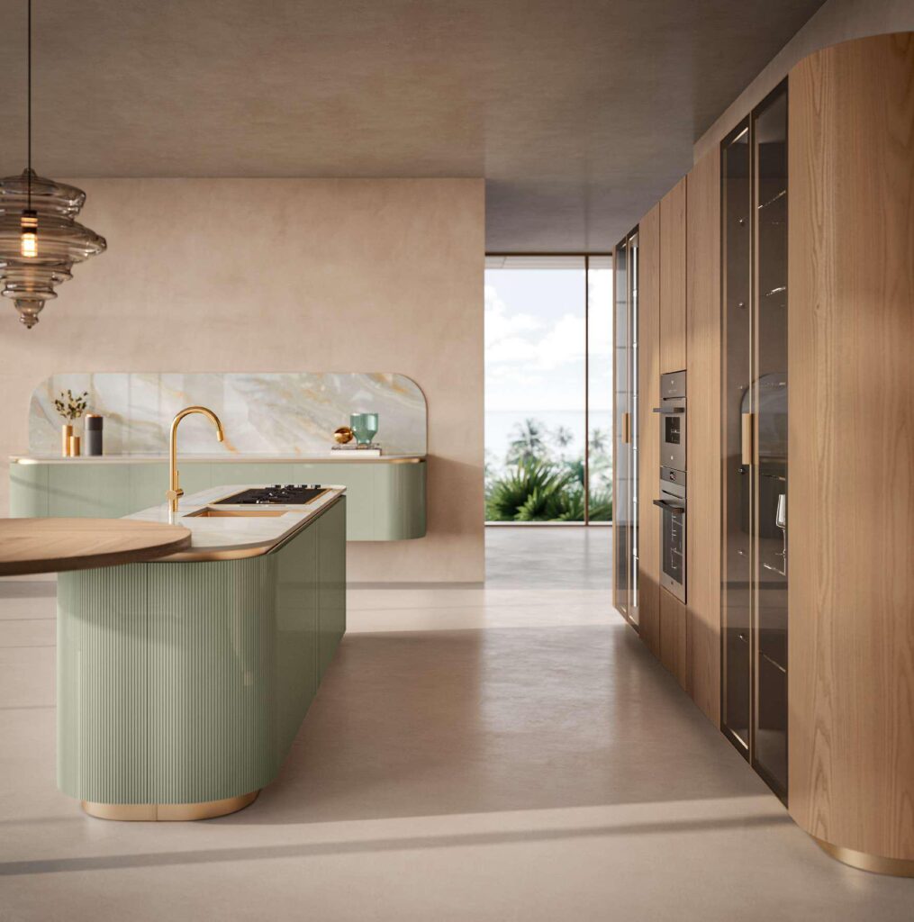 Cucina DOMINA vista laterale con vetrina in vetro fumé Aster Cucine