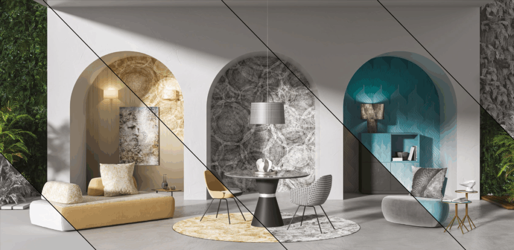 Collage di tre living con texture Dress-Me diverse