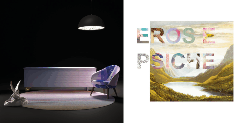 Living sofisticato con poltrona grafica Eros e Psiche