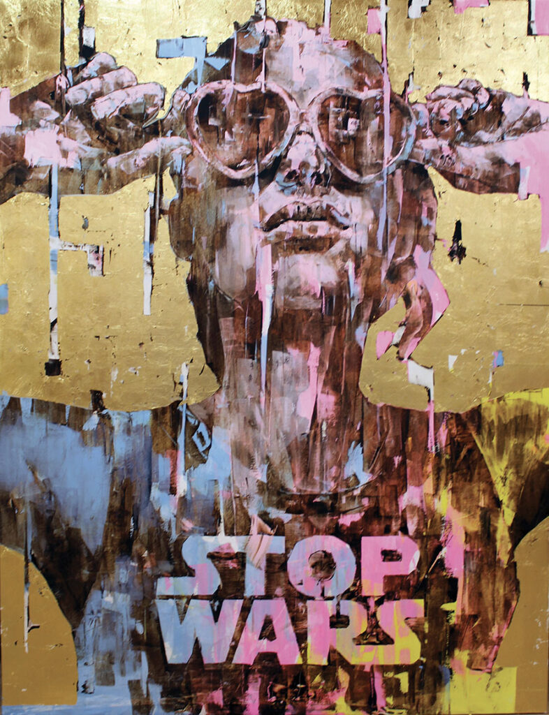Dipinto con scritta Stop Wars, artista Marco Grassi