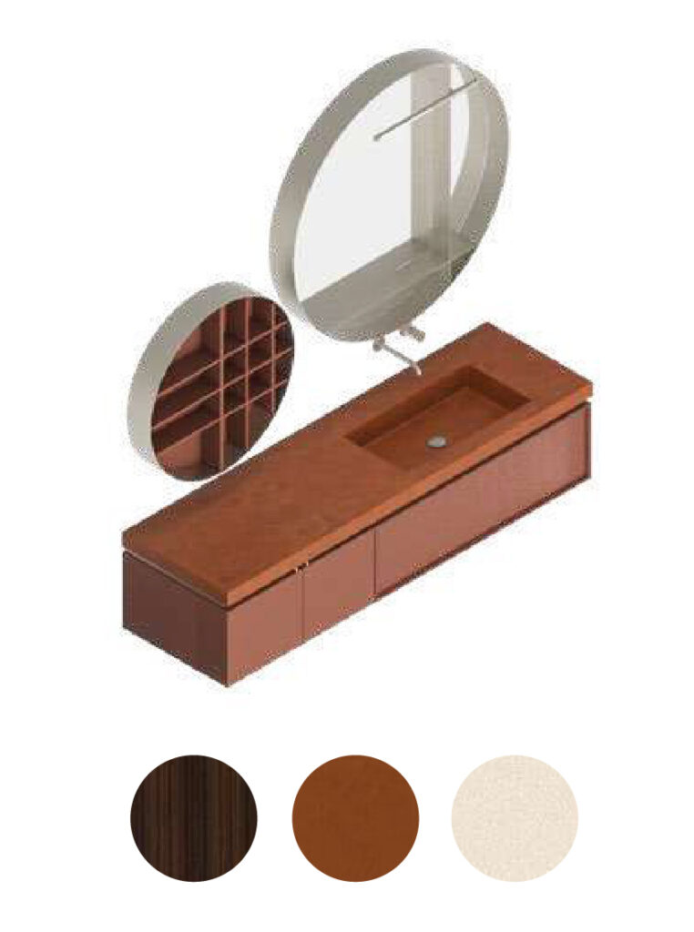 Render della composizione bagno con lavabo integrato e specchi rotondi
