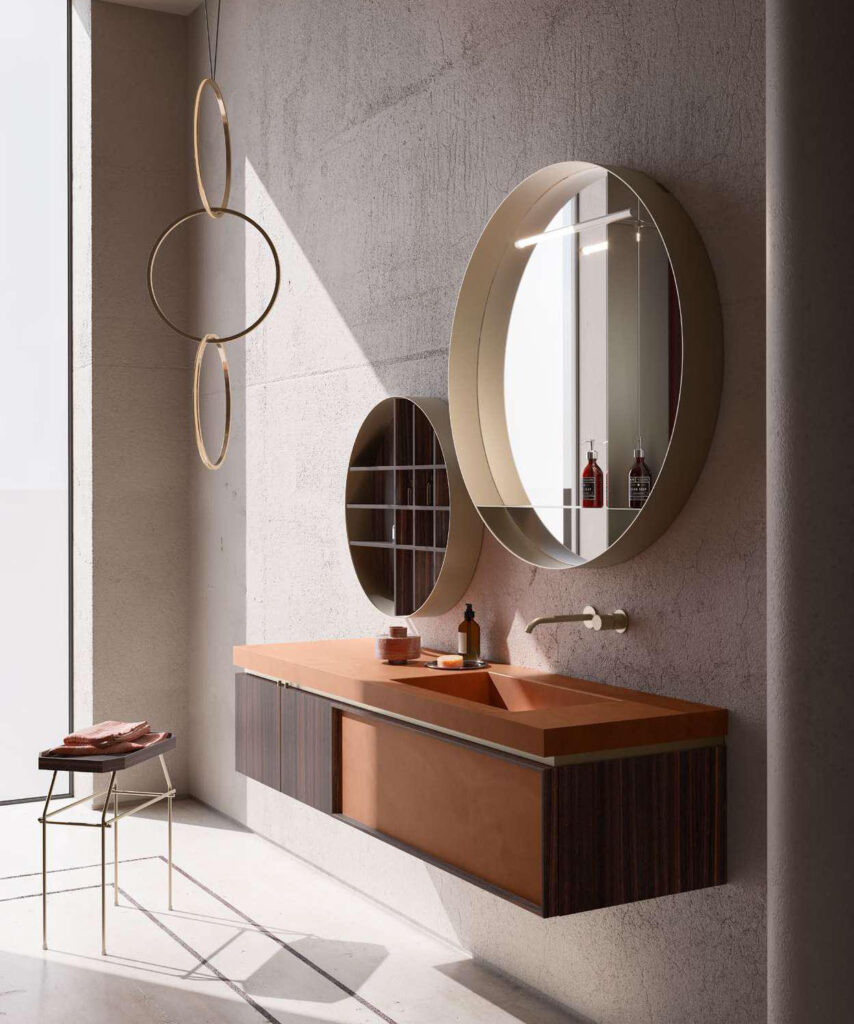 Vista laterale di mobile bagno sospeso con specchi rotondi